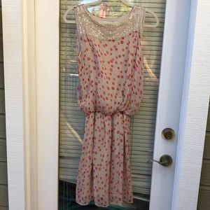 NWOT.  beautiful silk dress, made in Italy, beige with orange colored spots